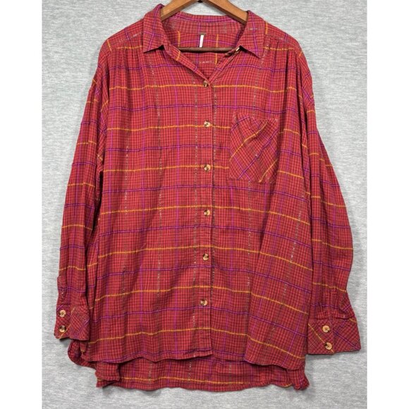 Free People Red Plaid Long Sleeve Shirt L Break My Stride Metallic Tunic - Picture 1 of 5